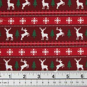 Christmas Cotton Print Fabric, Red/Reindeer Trees- Width 112cm