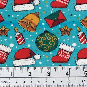 Christmas Cotton Print Fabric, Blue Hats & Stocking- Width 112cm