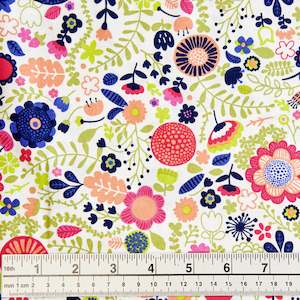 Haberdashery: Craft Prints Fabric, Colourful Bloom Flimsical Flowers- Width 112cm