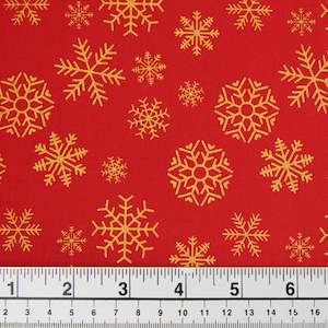 Metallic Christmas Cotton Print Fabric, Red/Red Gold Snowflakes- Width 112cm