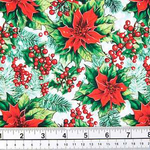 Christmas Cotton Print Fabric,White/Red Poinsettia Holly- Width 112cm