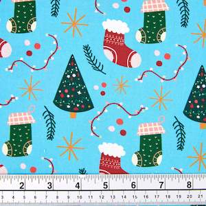 Christmas Cotton Print Fabric,Blue/Stockings And Trees- Width 112cm