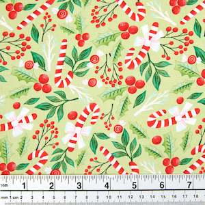 Christmas Cotton Print Fabric, Green/Candy Cane Mistletoe- Width 112cm