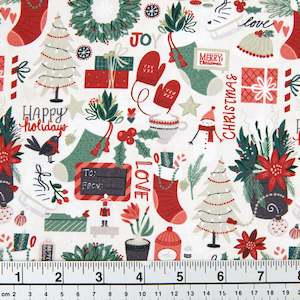 Christmas Cotton Print Fabric, Grey/Christmas Joy- Width 112cm