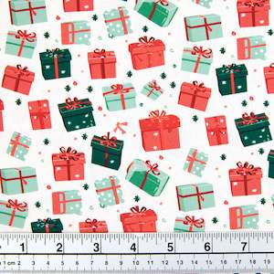 Christmas Cotton Print Fabric,Cream/Red And Green Presents- Width 112cm