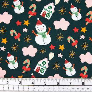 Christmas Cotton Print Fabric, Navy/Snowman And Pink Clouds- Width 112cm