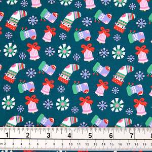 Christmas Cotton Print Fabric, Green/Socks And Bells- Width 112cm