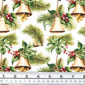 Christmas Cotton Print Fabric, Cream/Bells- Width 112cm