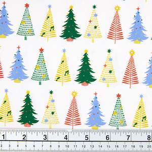 Christmas Cotton Print Fabric, Cream/Colourful Trees- Width 112cm