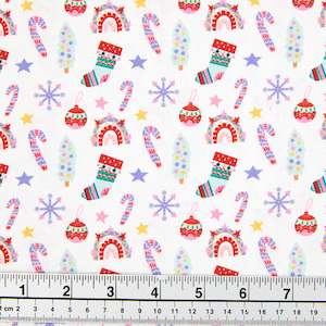 Christmas Cotton Print Fabric,White/Stockings And Candy Cane- Width 112cm