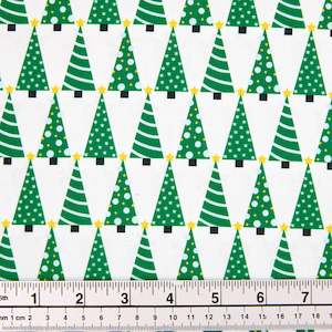 Christmas Cotton Print Fabric, White/Green Trees- Width 112cm