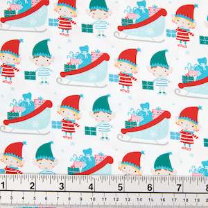 Christmas Cotton Print Fabric, White/Elves And Sleighs- Width 112cm