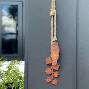 Morepork & beech mini corten wall hanging