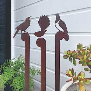 Corten kereru, fantail + tui garden stakes set