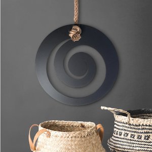 Koru Wall Art, black steel with natural rope