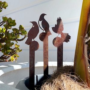 Set of 3 Mini Bird Plant stakes, corten