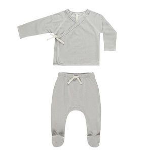 Toy: Quincy Mae Wrap Top & Footed Pant Set - Blue Micro Stripe