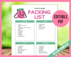 Editable Vacation/Camp Packing List