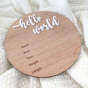 Baby wear: Hello World Birth Announcement Disc with Details