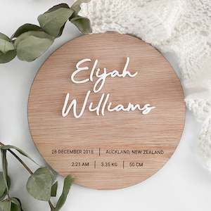 Wooden Birth Announcement Disc with Details - Script