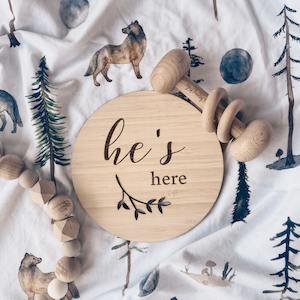 Baby wear: 'He's Here' Announcement Plaque | Funny Bunny Kids