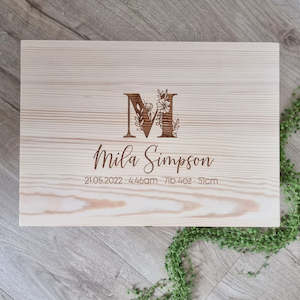 Floral Monogram with birth details Engraved Pine Box