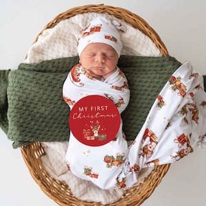 Baby wear: Reindeer Organic Jersey Wrap & Beanie Set + Milestone Card