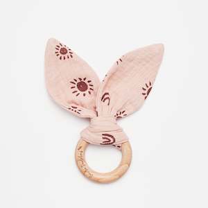 Over The Dandelions Organic Muslin Bunny Ears Teether - Sunny Blush/Plum