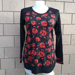 Baby wear: Sz 18/20 Woman's Black and Red Floral Raglan Top