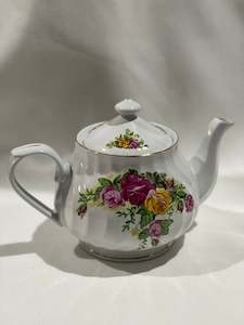 Furniture hiring: White Teapot - Pink/yellow flowers