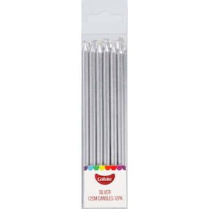 GoBake Long Candles Metallic Silver 12cm 12/Pack