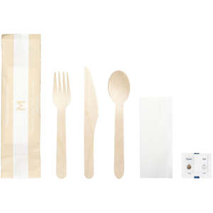 M Wooden Cutlery Set 6/1 (Knife, Fork, Spoon, Napkin, Salt, Pepper) | 50/Pack