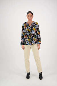 Long Sleeve Tops: Vassalli V- Neck Top w Frill Viva La Bloom