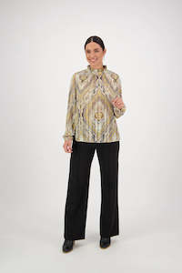 Long Sleeve Tops: Vassalli Ruffle Neck Print Top Majestic