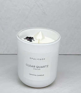 Opal + Sage Clear Quartz Crystal Candle Large Jar - White Gloss