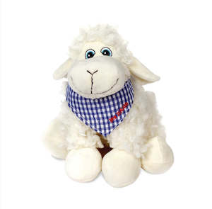 Sheep Toy Sitting with Blue Check Scarf