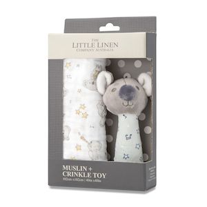 LITTLE LINEN MUSLIN WRAP & CRINKLE TOY - CHEEKY KOALA