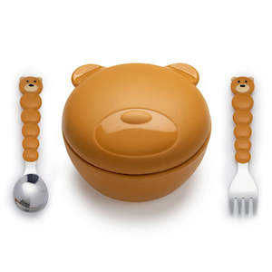 Melii Silicone Animal Bowl with Lid & Utensils-bear