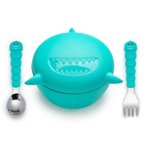 Melii Silicone Animal Bowl with Lid & Utensils-shark