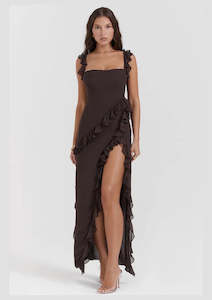 Ariela Ruffle Maxi Dress in Espresso