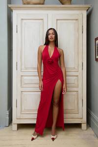 Halter Maxi Dress in Cherry Red Rose