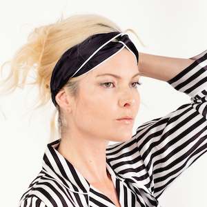 100% Mulberry Silk Elastic Twisted Headband - Black With White Piping