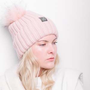 Mulberry Silk-Lined Classic Ribbed Pattern Cashmere Beanie Hat With Removable Pom Pom - Pink