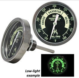 Temperature Monitoring Control: Tel-Tru BBQ Model BQ300 BLACK GLOW-in-Dark dial, 100/500F with zones, 4"? stem