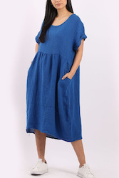 Linen Round Neck Elegant Style Dress - Royal