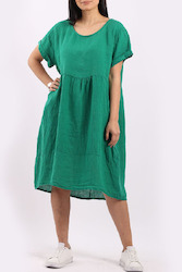 Linen Round Neck Elegant Style Dress - Green