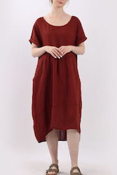 Linen Round Neck Elegant Style Dress - Rust