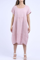 Linen Round Neck Elegant Style Dress - Pink