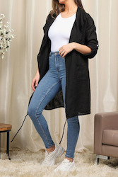 Linen Drawstring Long Cardigan - Black