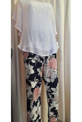 Womenswear: Italian Stretch Pants - Navy with Pink and White Flowers